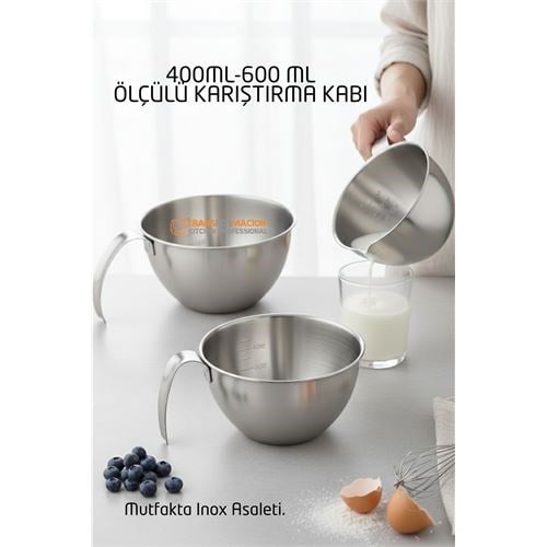 Inox Çelik Profesyonel Ölçülü Karıştırma Kabı Seti -400-600 ml Sos & Hazırlık Şefi Serisi