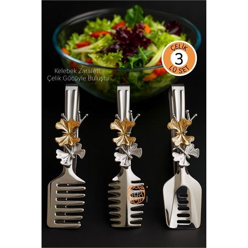 Kelebek Figürlü 3’lü Paslanmaz Çelik Servis Maşası Seti - Salata, Pasta ve Izgara Maşası 722696