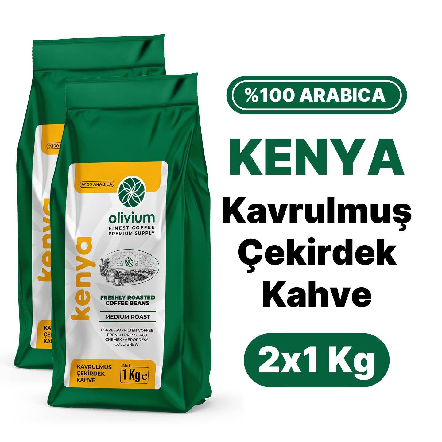 Kenya AA Naturel Kavrulmuş Kahve 1Kg × 2 Adet