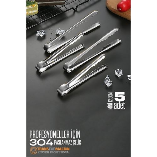 Mini 12.5 cm Buz Maşası - Şeker Limon Maşası Kokteyl Servis Maşası 5 li PAKET 304 Paslanmaz Çelik 721753