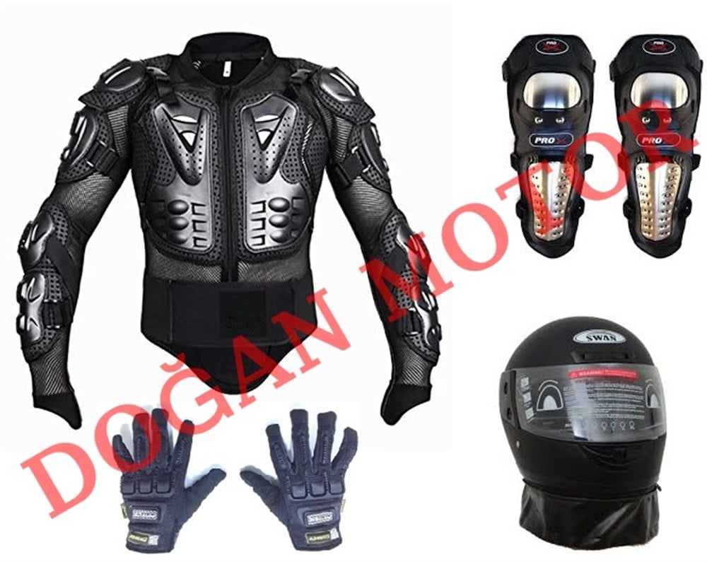 HERO-BİKER BODY ARMOUR TÜM KORUMALI + DİZLİK + KORUMALI ELDİVEN SETİ + KASK 