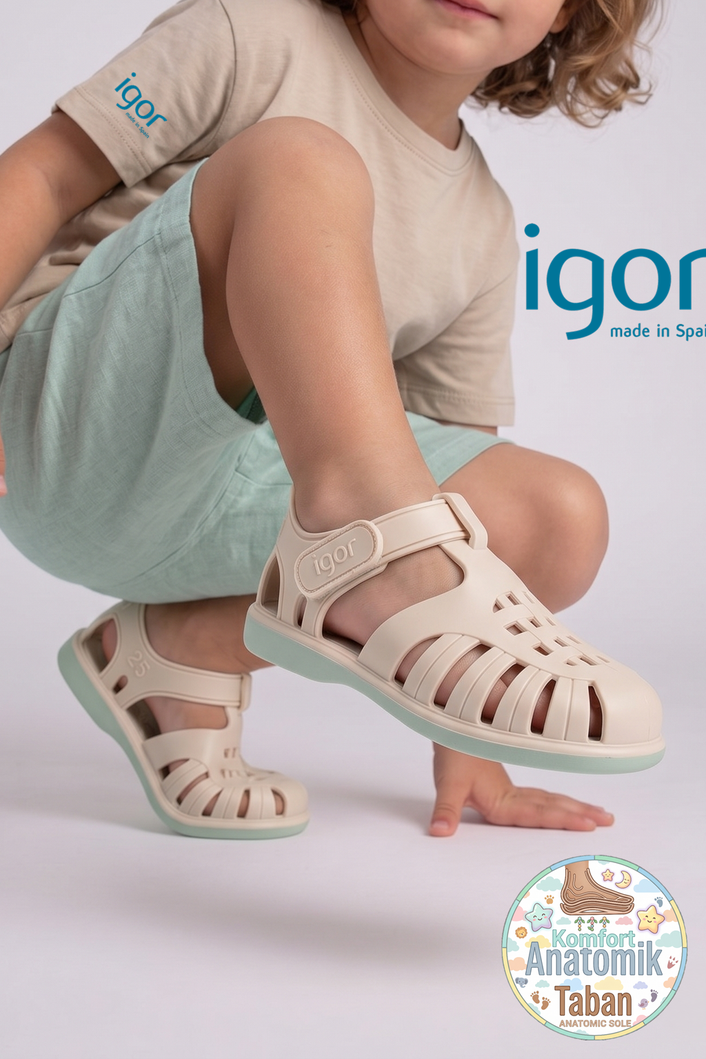 Igor Tobby Solid Bicolor Çocuk Cırtlı Sandalet Marfil BB355-079 
