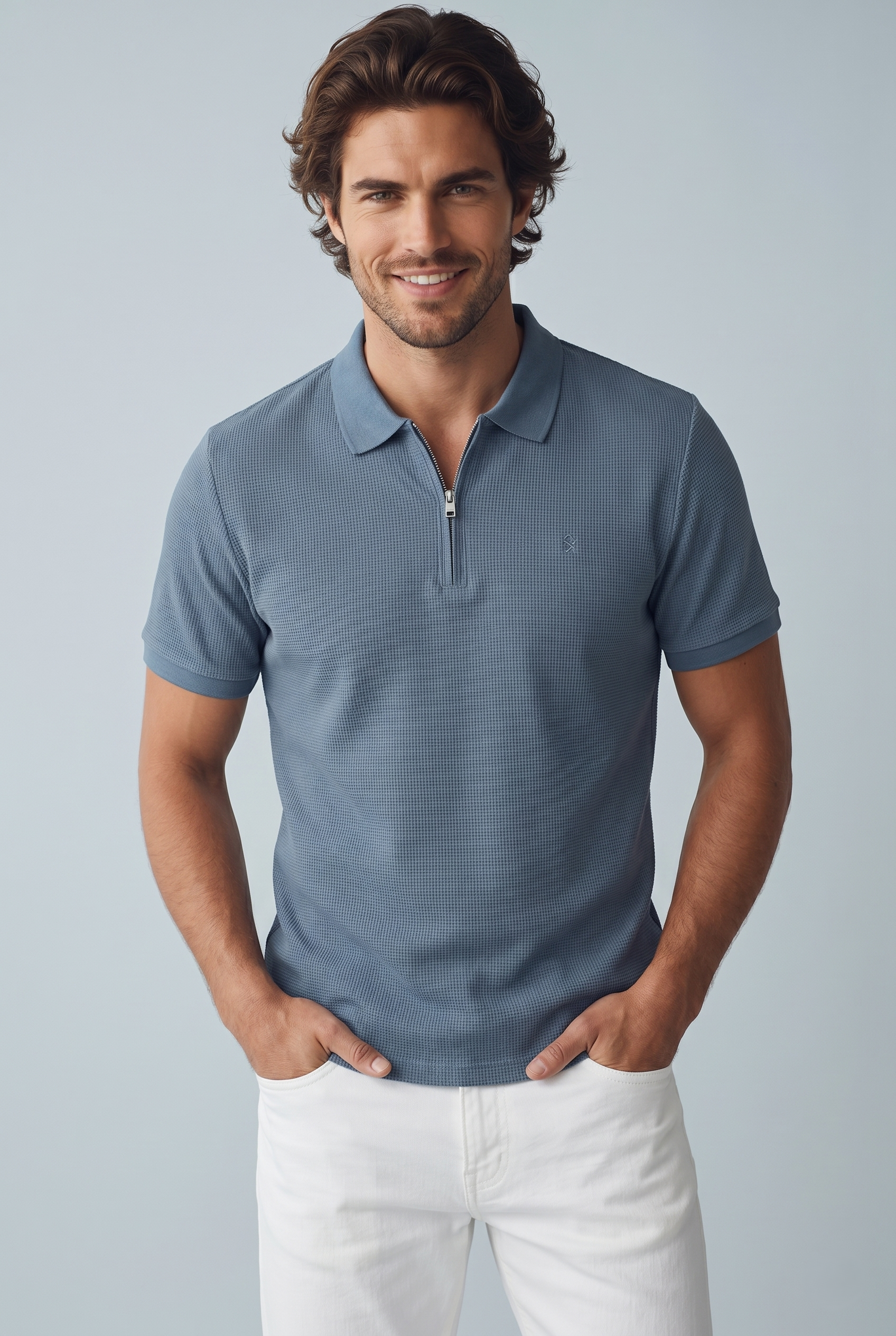 Jack & Jones Jjeaustin Fermuarlı Polo Yakalı Mavi Tshirt 12279177