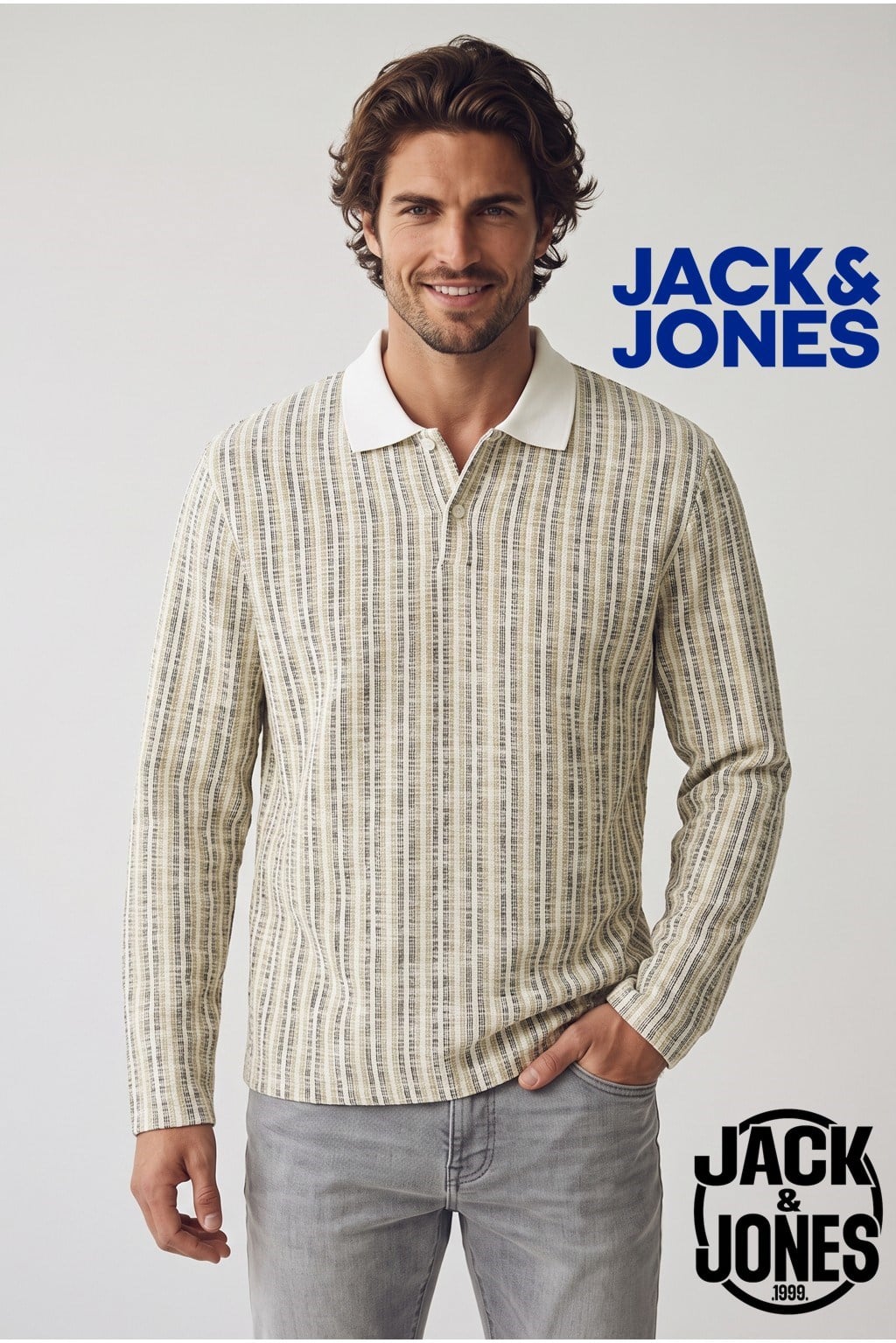 Jack & Jones JORWINTER STRIPE Polo Yaka Antique White Erkek Sweat 12278032