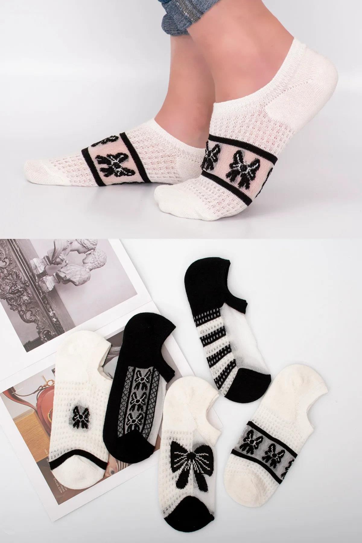 03780 Dewberry Womens Patterned Tulle Socks 5 Pairs-SİYAH-BEYAZ