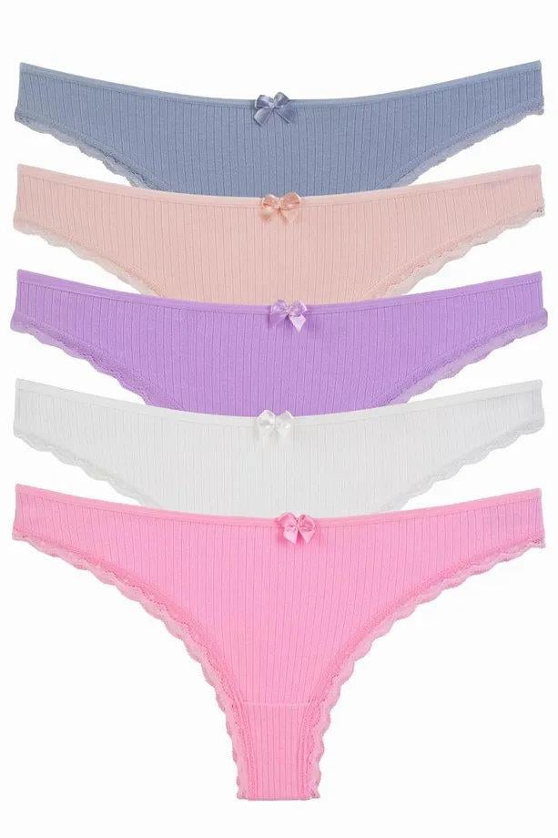 09652 Dewberry Womens Panties Brazillian 5 Pack Lycra Lace-ÇOK RENKLİ