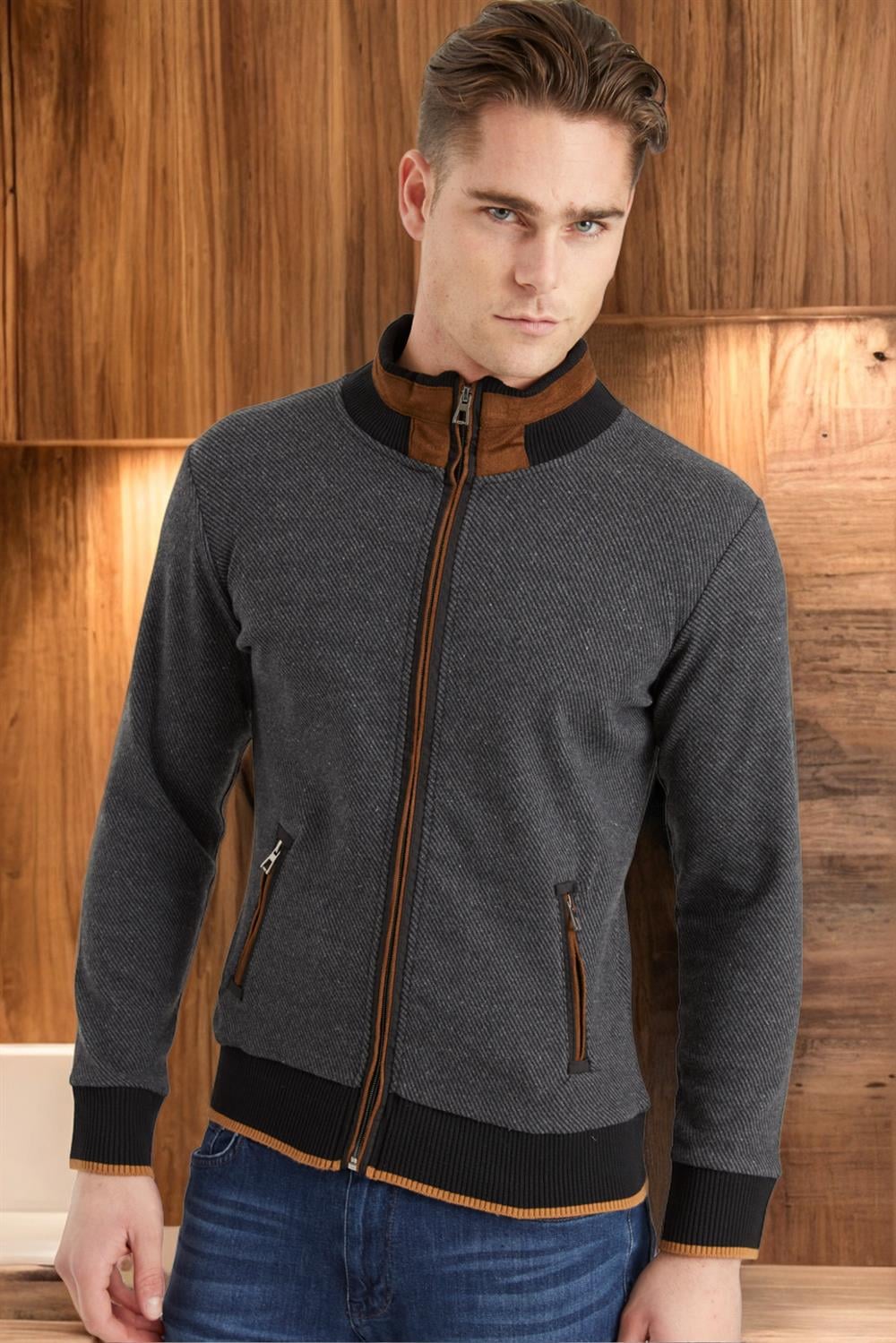 1021 DEWBERRY ERKEK SWEATSHIRT-AÇIK DİAGONAL ANTRASİT