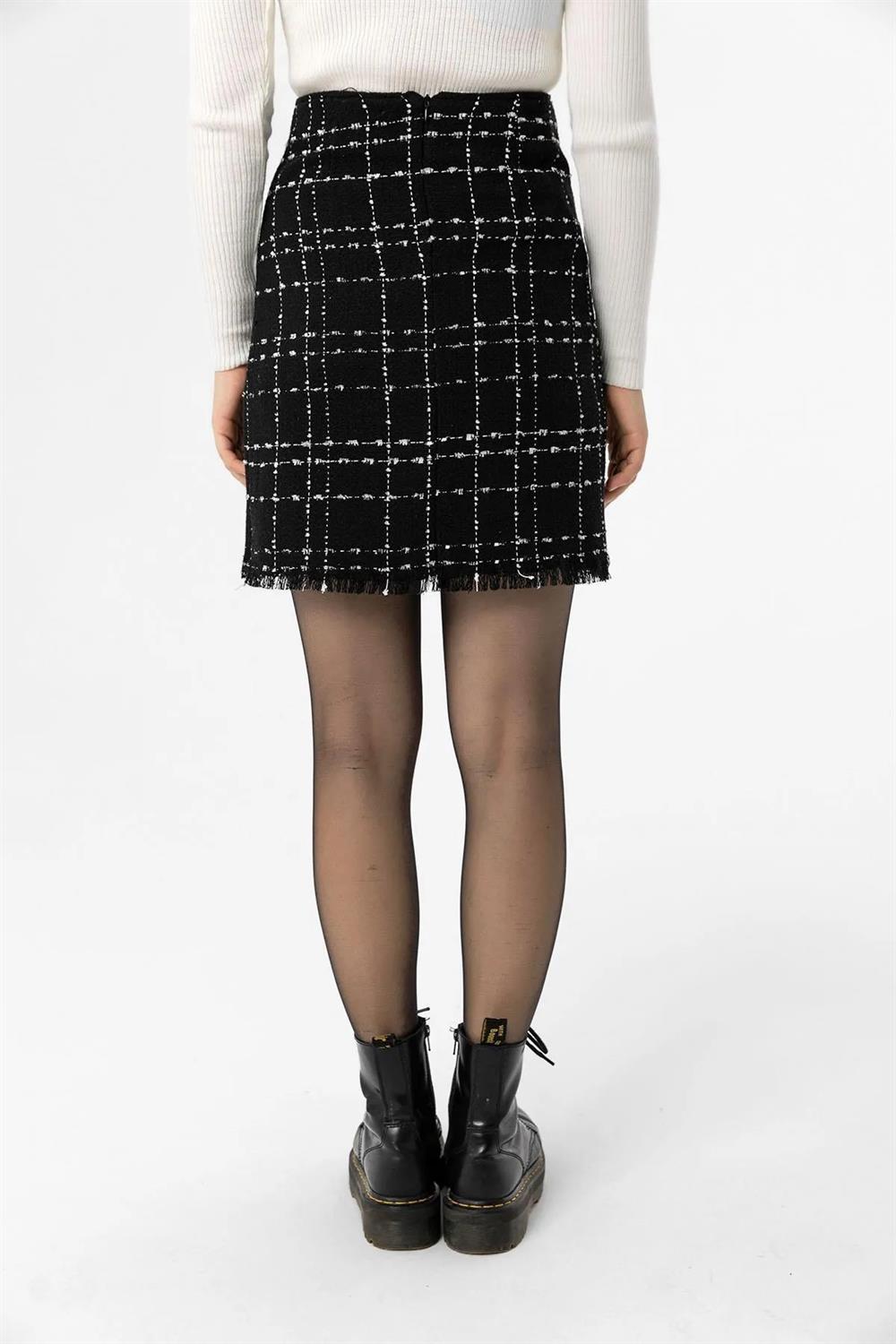 10219 Dewberry Plaid Tweed Women Mini Skirt-SİYAH
