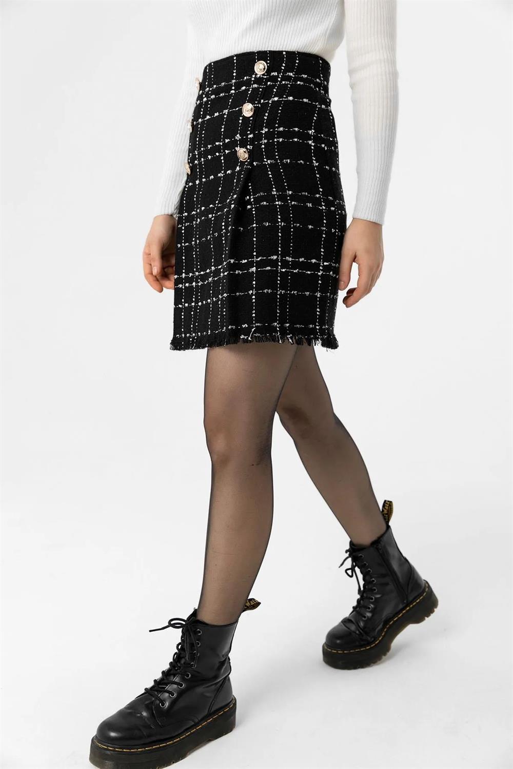 10219 Dewberry Plaid Tweed Women Mini Skirt-SİYAH