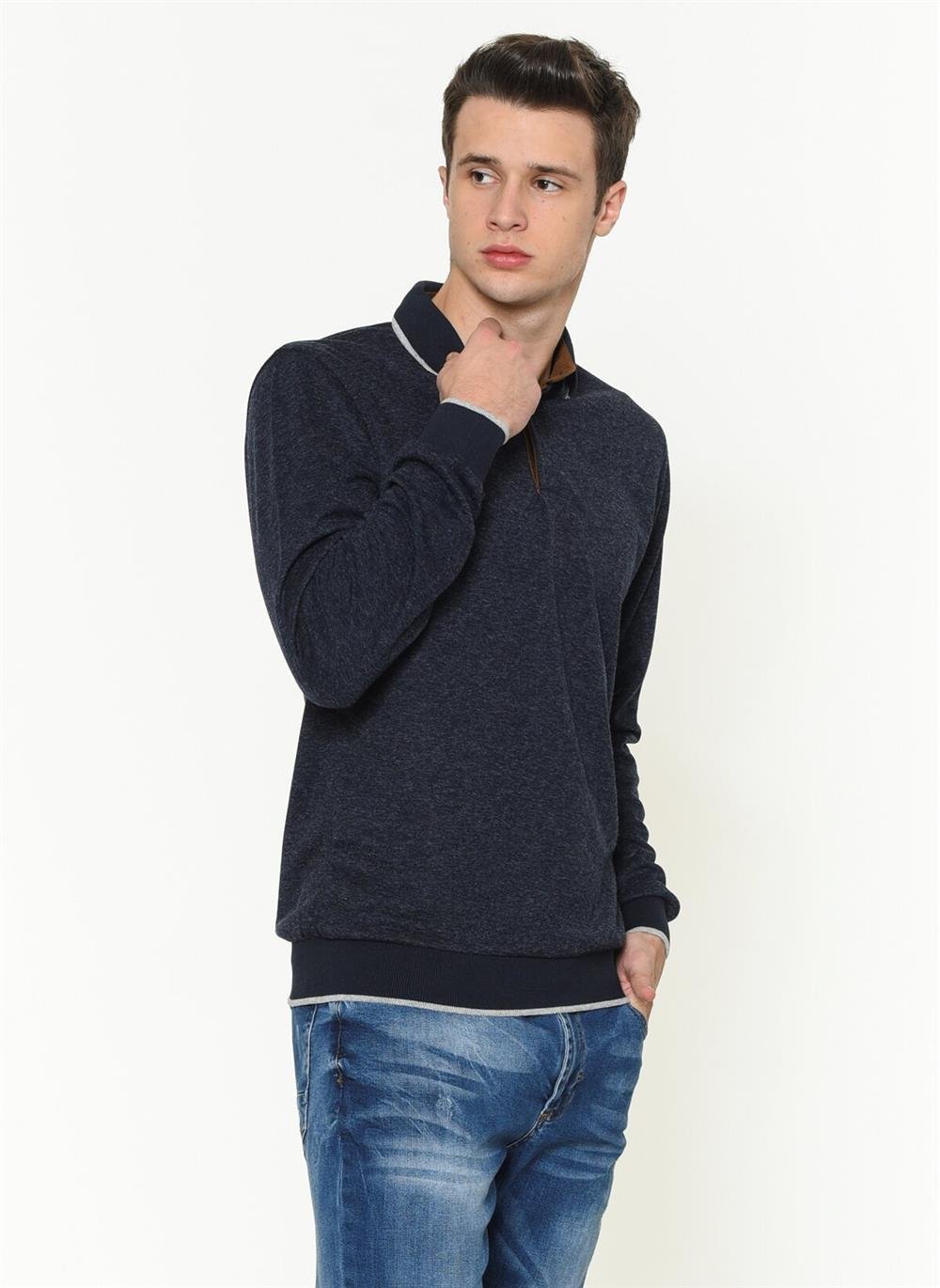 1038 DEWBERRY ERKEK SWEATSHIRT-DÜZ LACİVERT