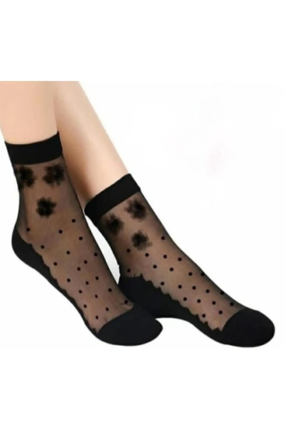 14223 Dewberry Patterned Tulle Women Socks 6 Pack-SİYAH
