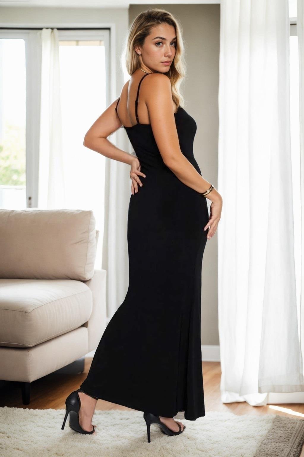 14482 Dewberry Fitted Strap Adjustable Women Dress-SİYAH