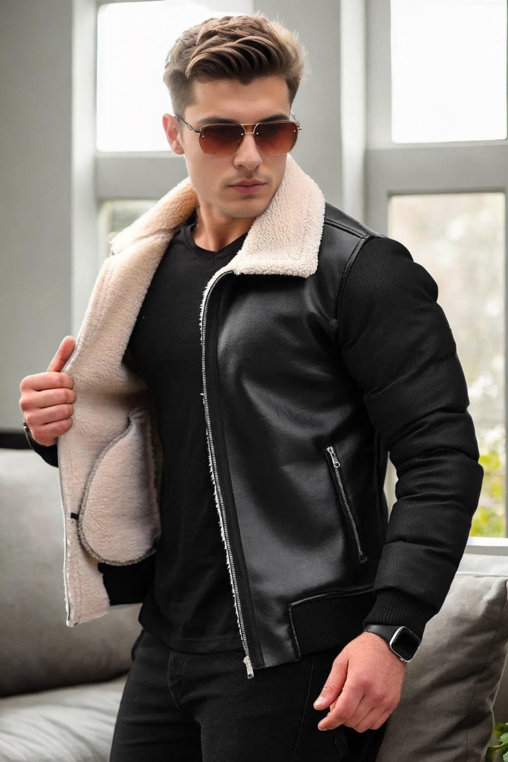 16456 Dewberry Faux Fur Inside Mens Winter Coat-SİYAH-BEJ