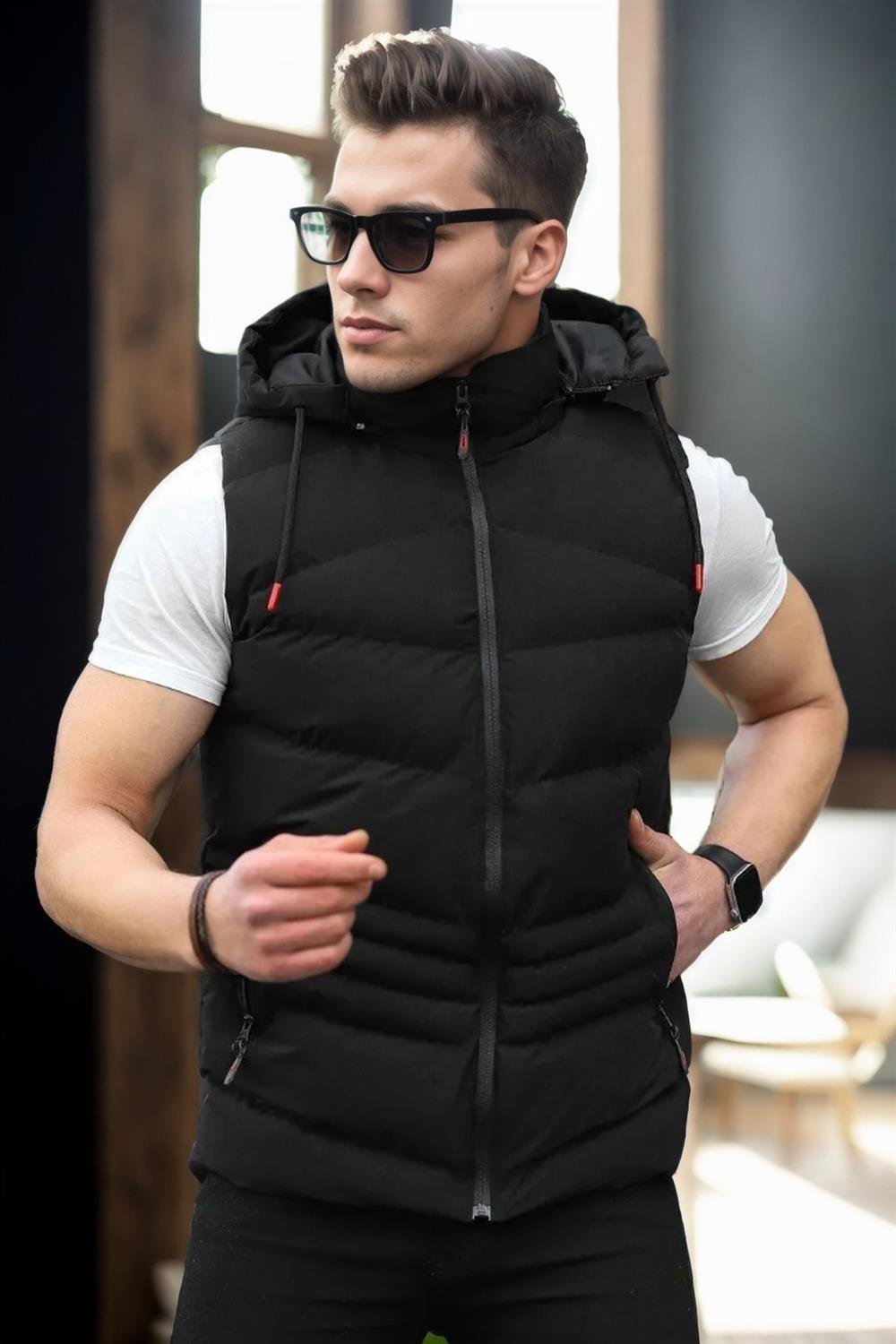 17736 Dewberry Removable Hooded Mens Vest-SİYAH