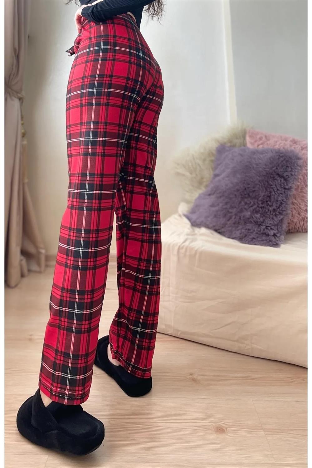 17947 Dewberry Plaid Checkered Cotton Velvet Pyjama Bottoms-KIRMIZI-SİYAH