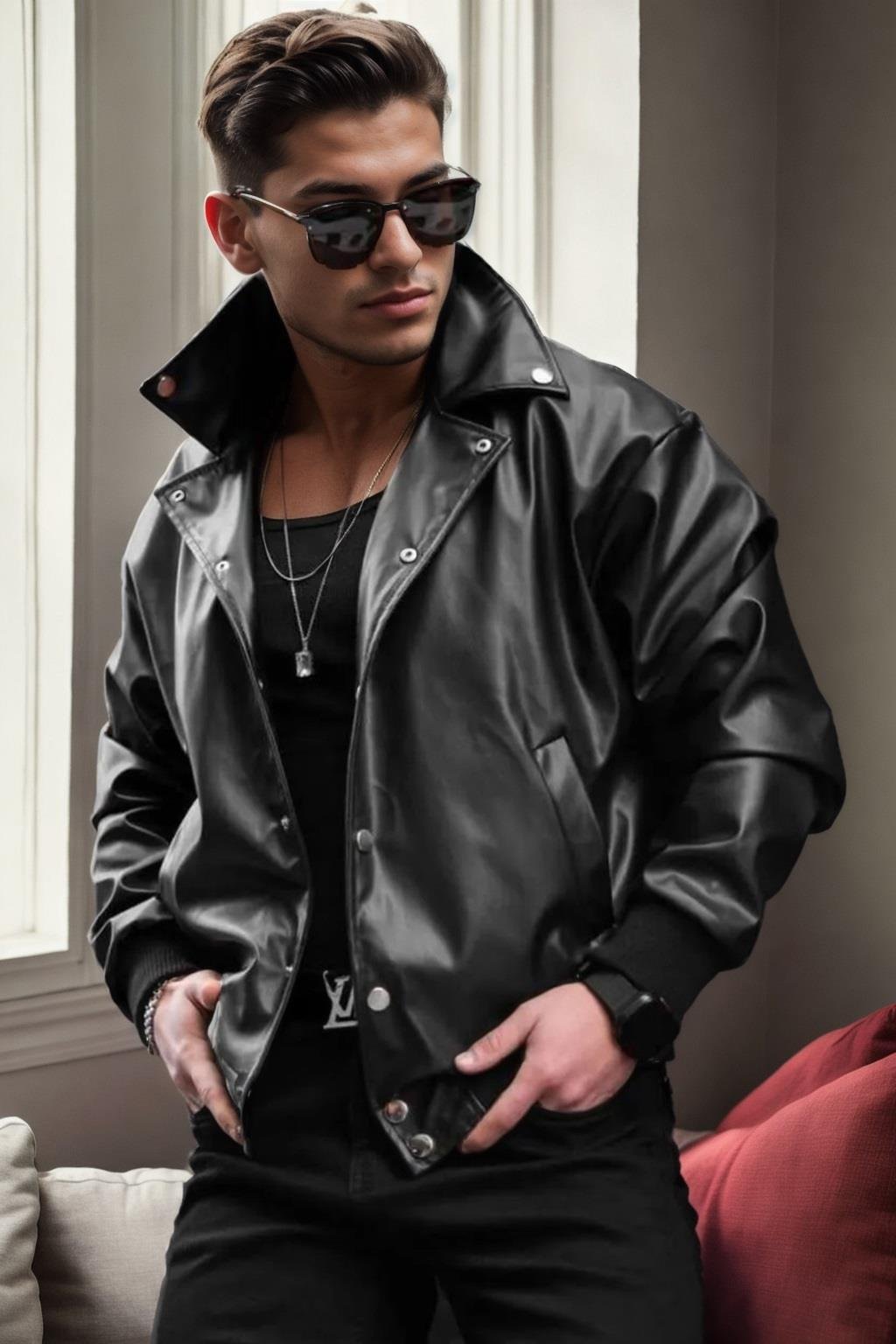 20059 Dewberry Oversize Mens PU Jacket-SİYAH