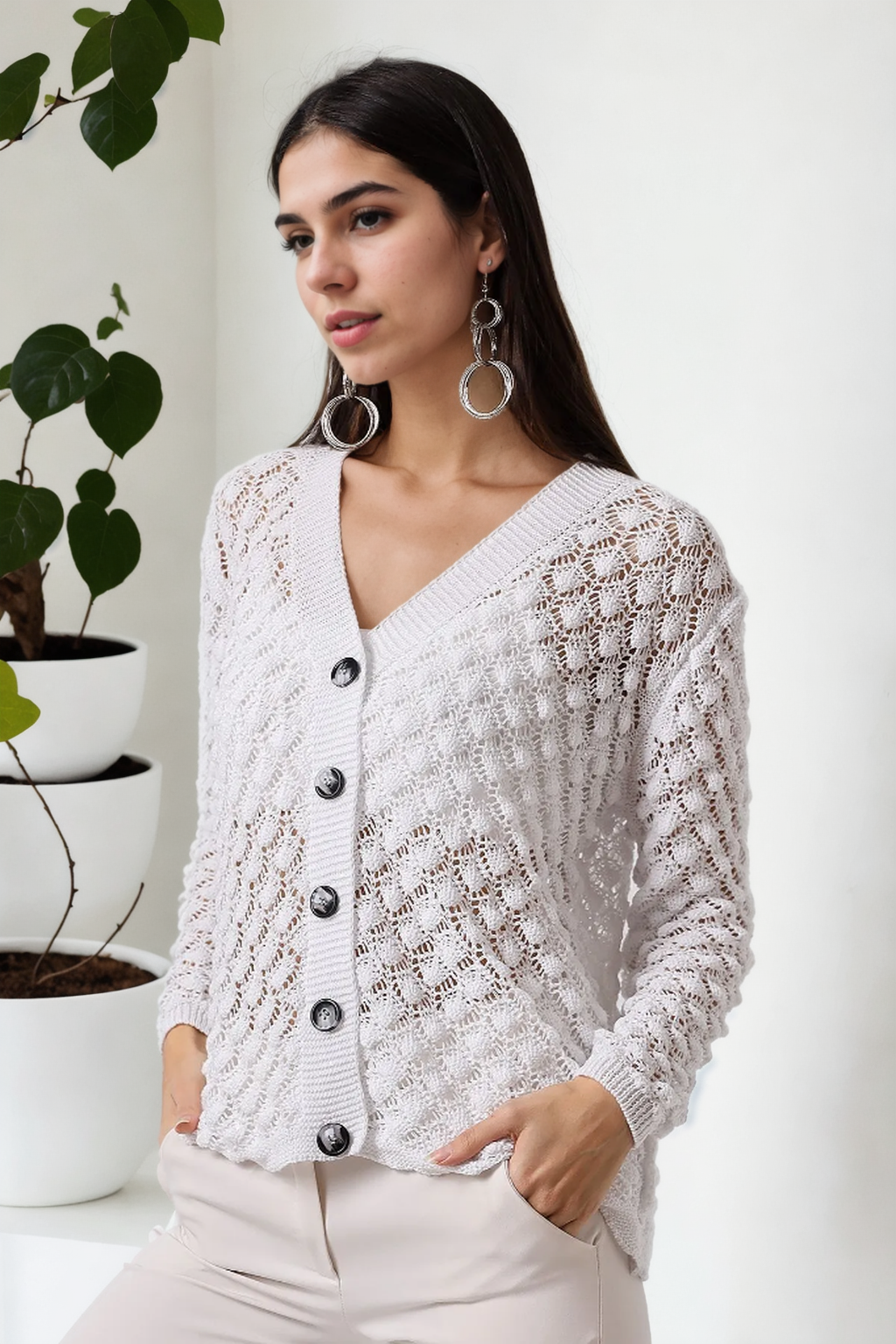 20317 Dewberry Patterned Buttoned Seasonal Cardigan-BEYAZ