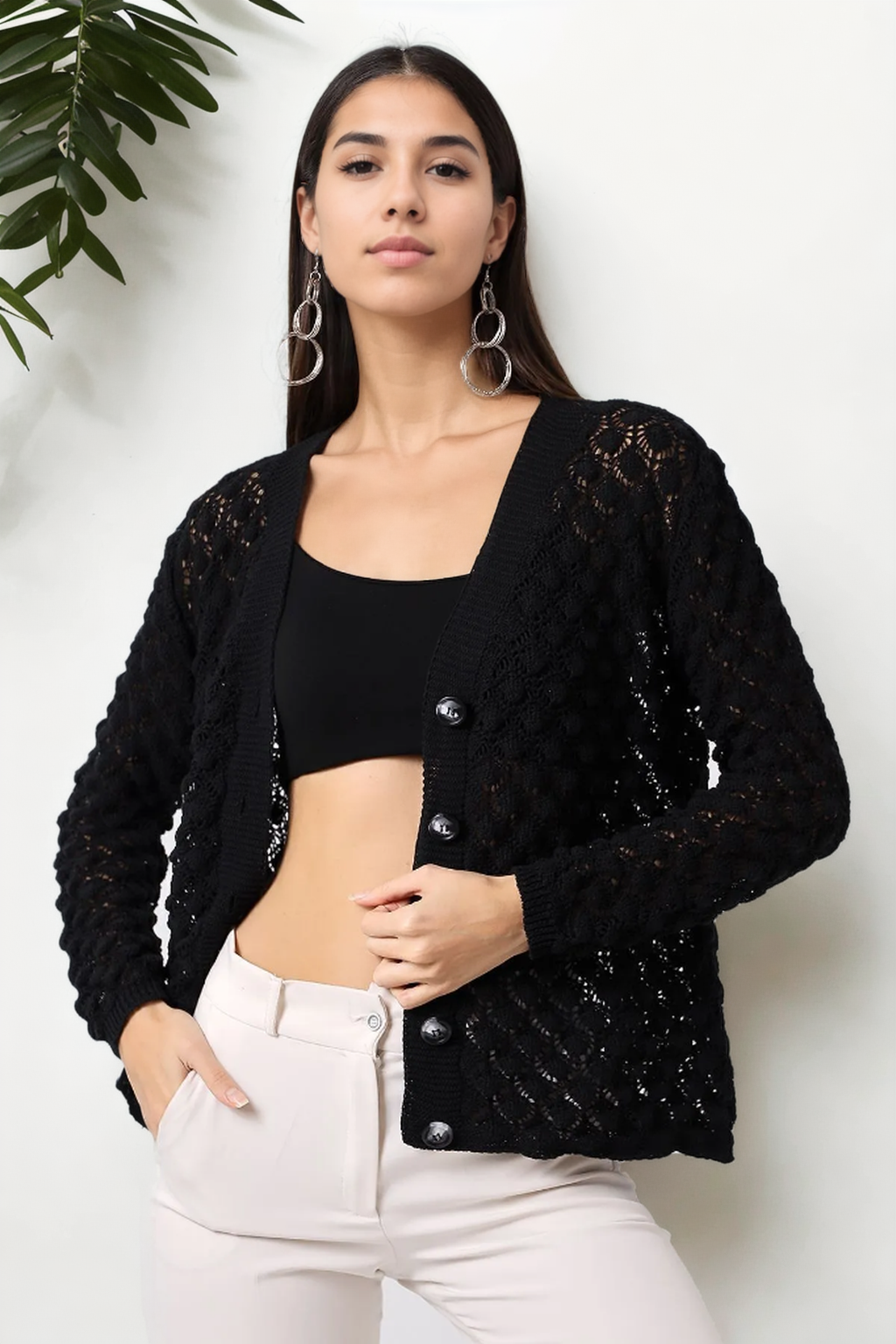 20317 Dewberry Patterned Buttoned Seasonal Cardigan-SİYAH