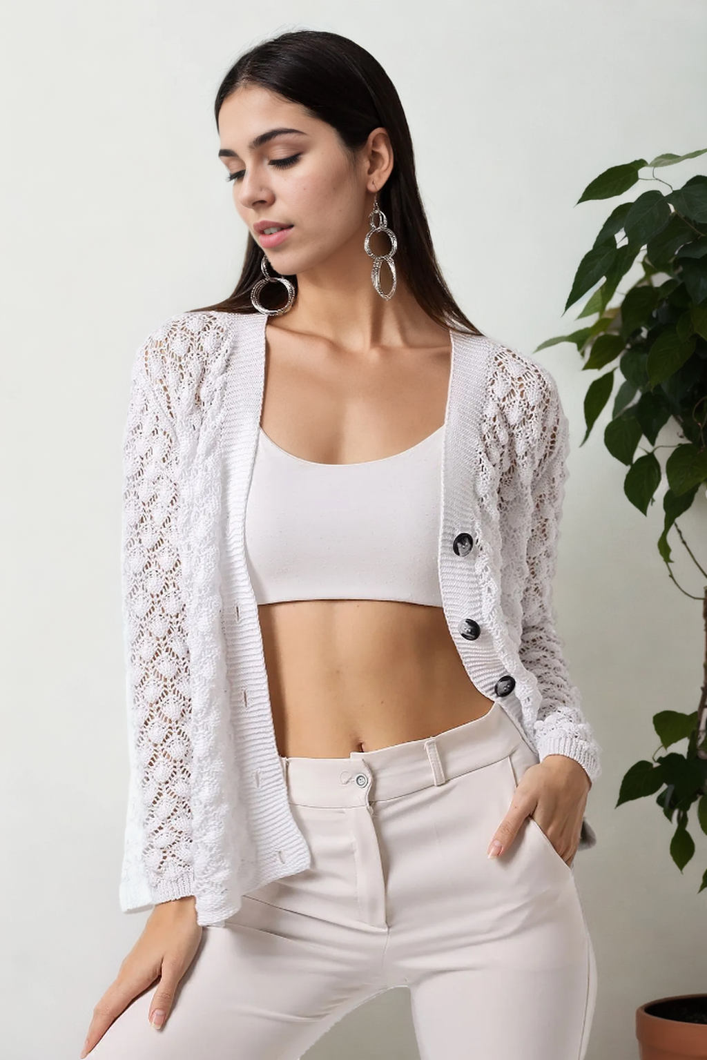 20317 Dewberry Patterned Buttoned Seasonal Cardigan-BEYAZ