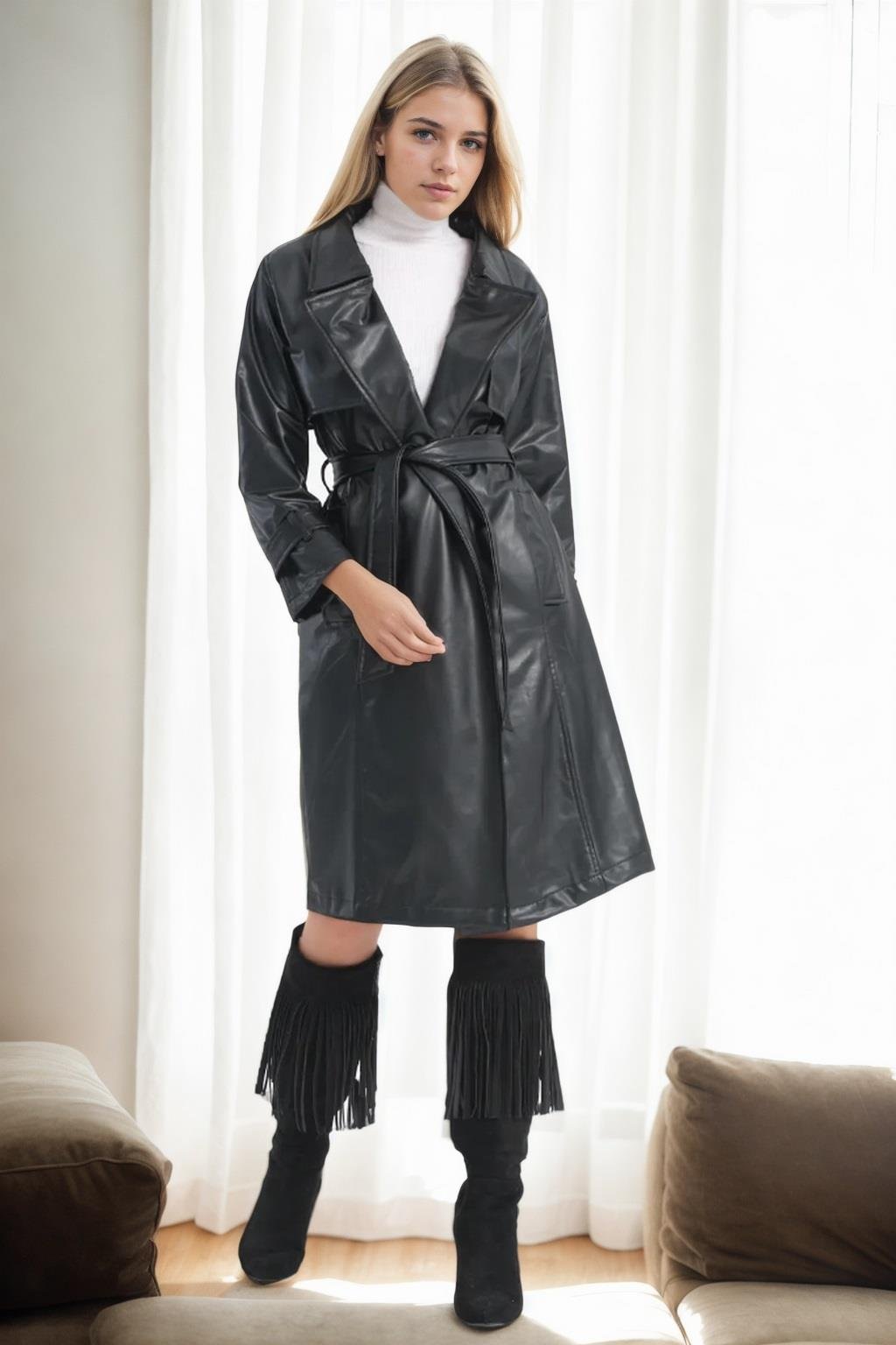 22614 Dewberry Long PU Women TrenchCoat-SİYAH