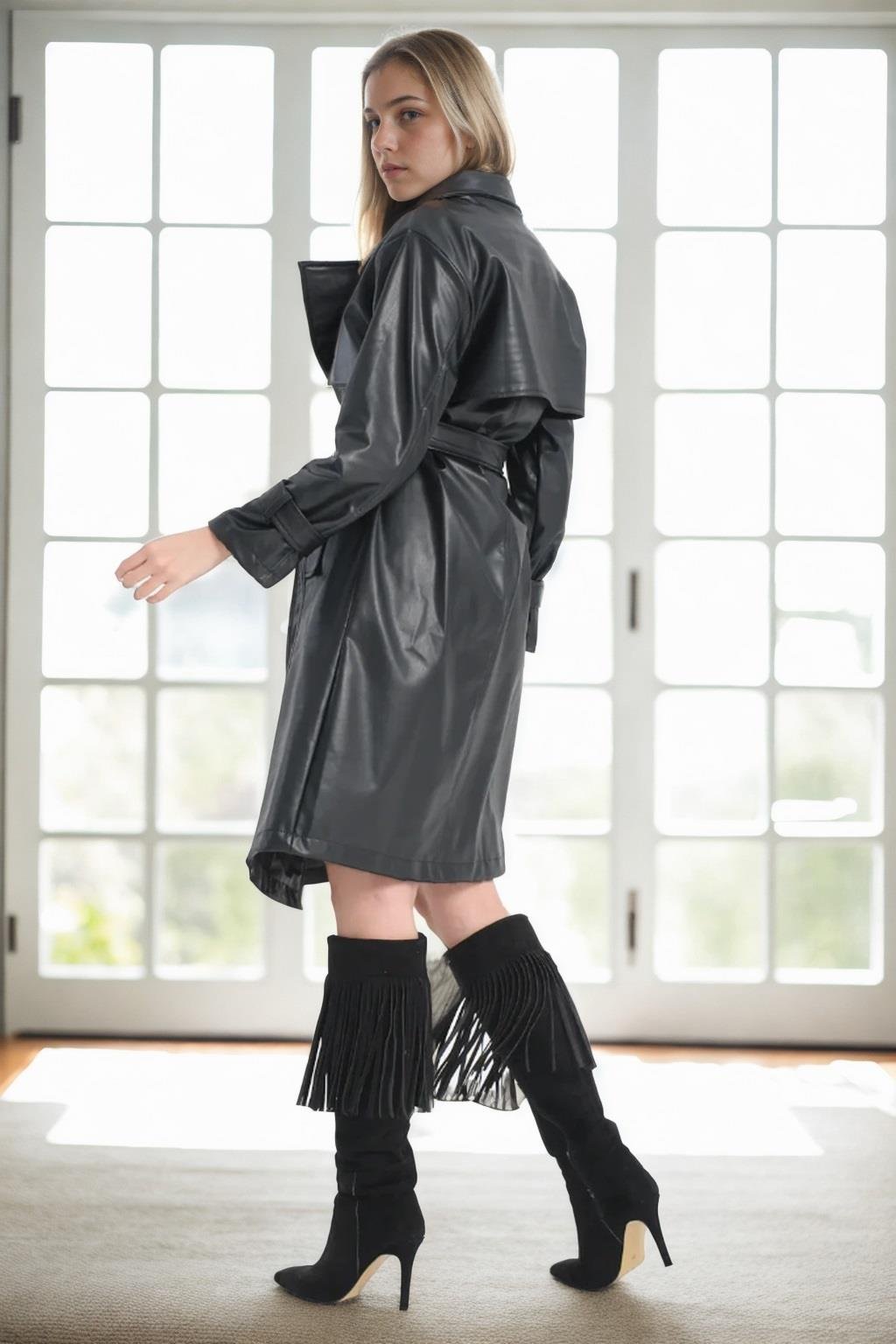 22614 Dewberry Long PU Women TrenchCoat-SİYAH