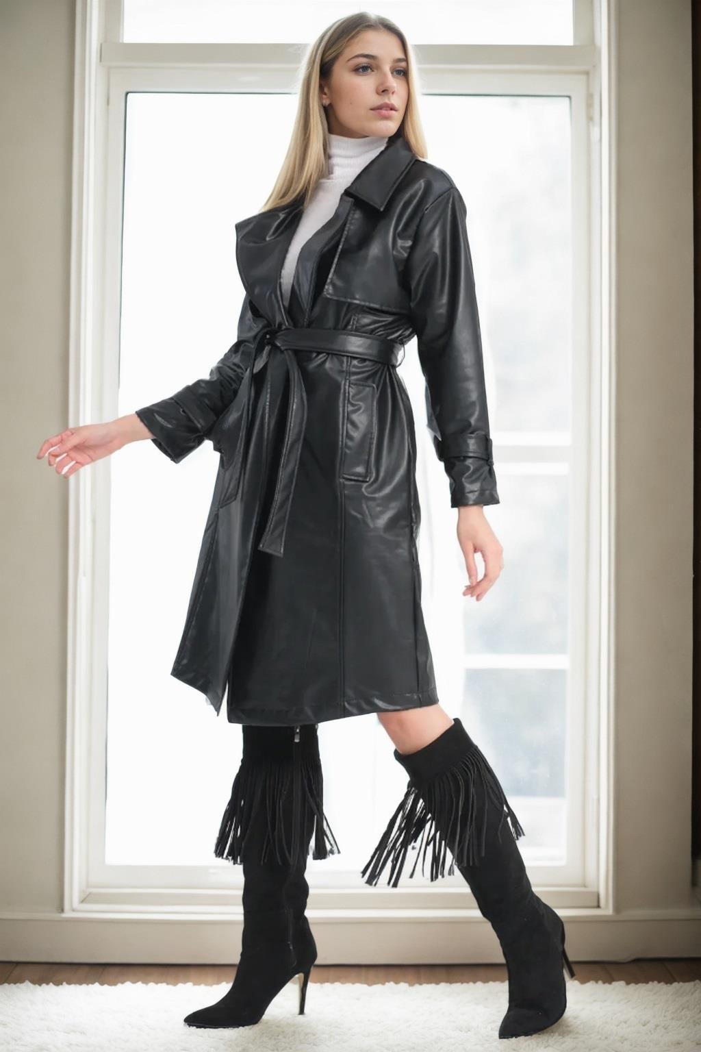 22614 Dewberry Long PU Women TrenchCoat-SİYAH