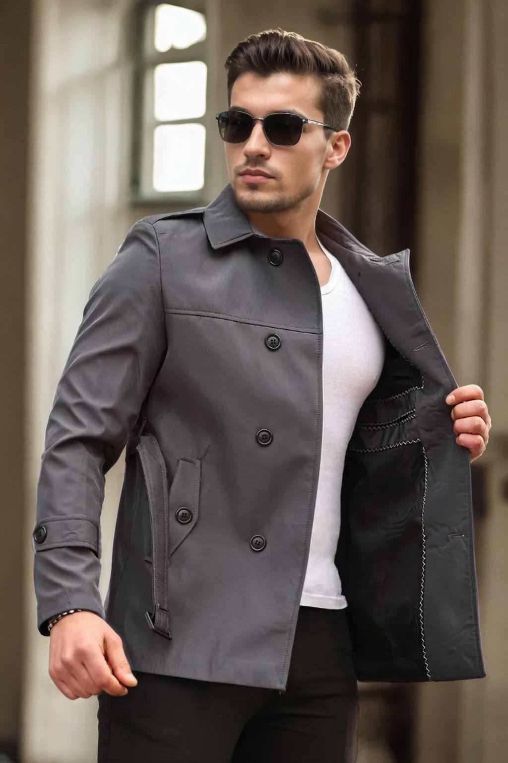 23058 Dewberry Lined Belted Double Breasted Mens Trenchcoat-GRİ