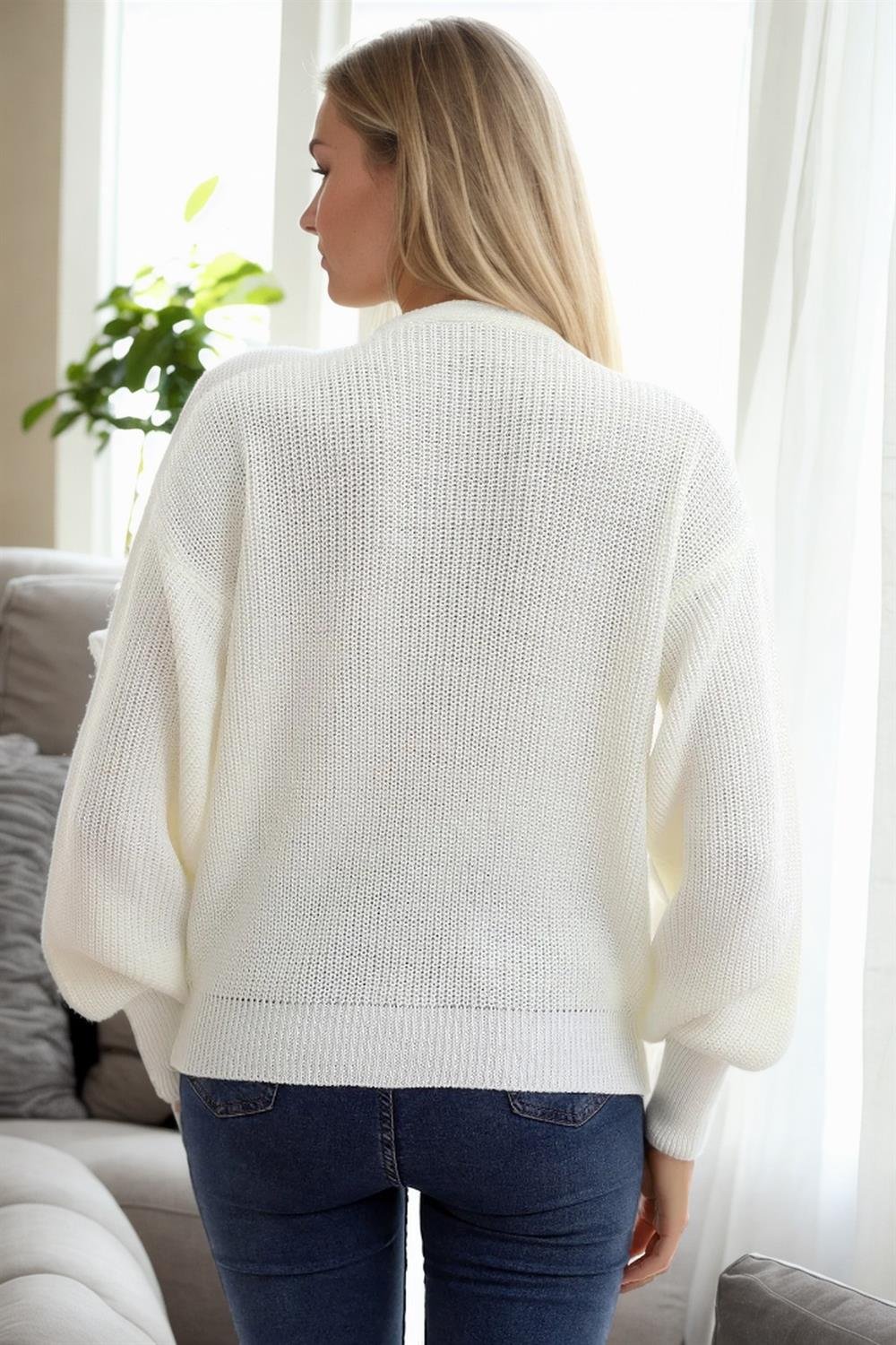 23325 Dewberry 3 Button V-Neck Women Cardigan-BEYAZ