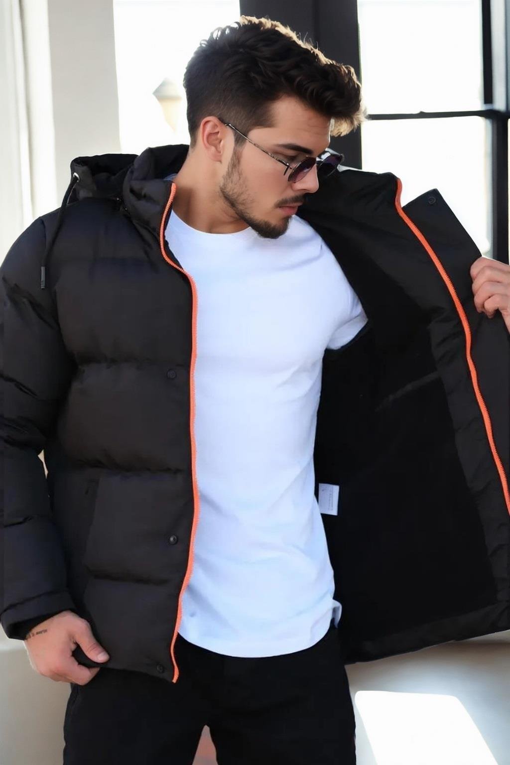 23453 Dewberry Removable Hood Faux Fur Lined Slim fit Jacket-SİYAH