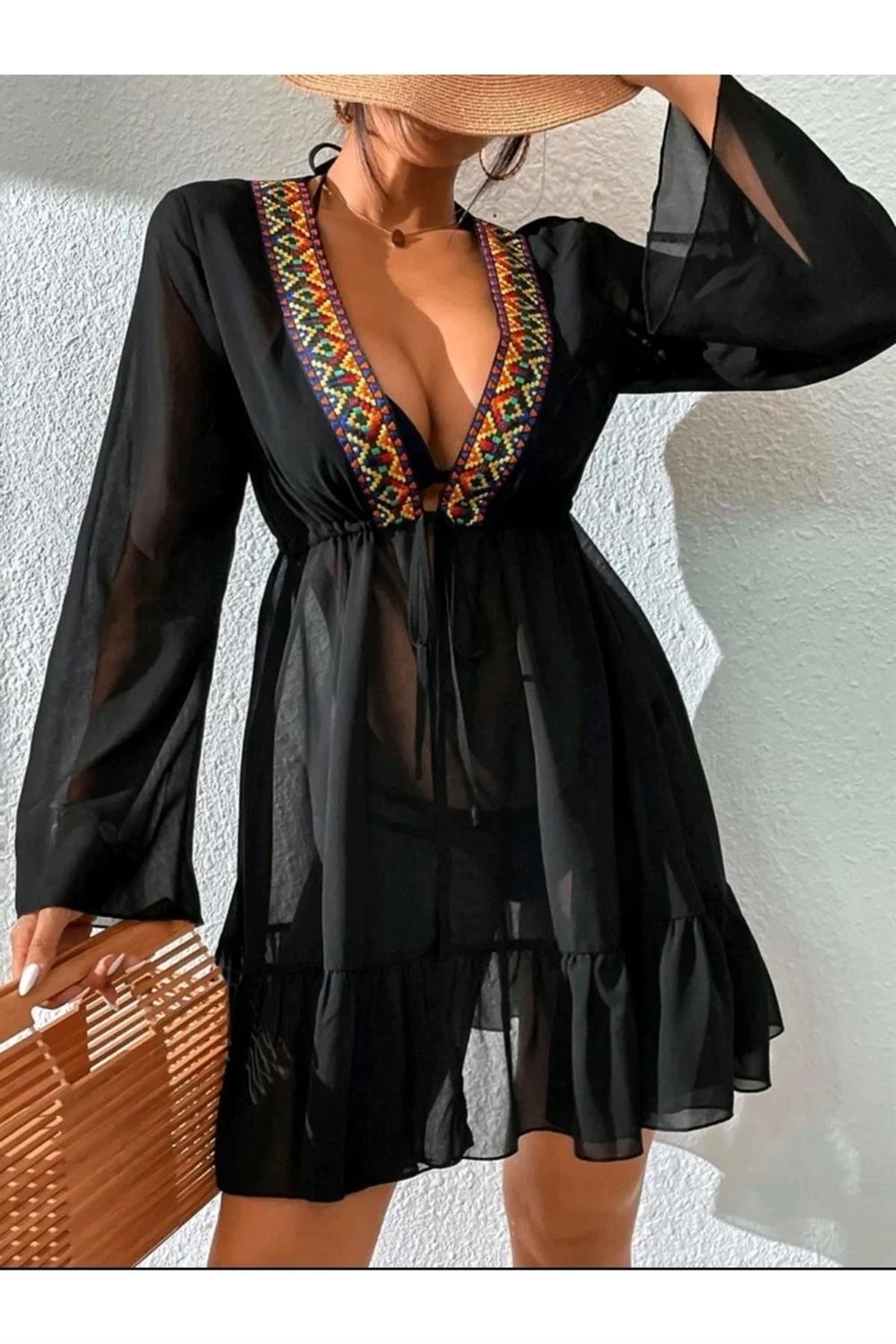 29457 Dewberry Ethnic Women Pareo-SİYAH