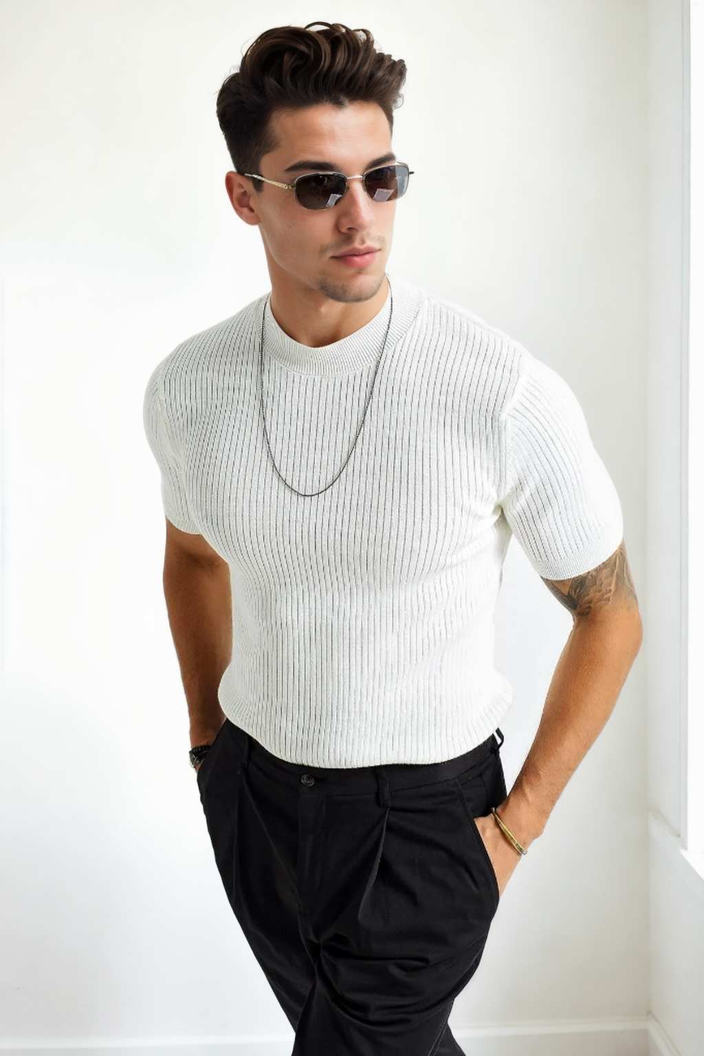 33307 Dewberry Mens Crew Neck Short Sleeve Thin Knit Sweater-BEYAZ