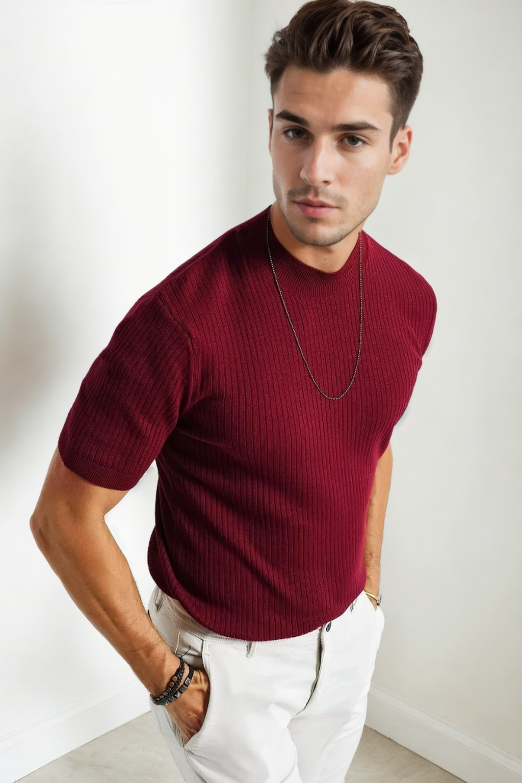 33307 Dewberry Mens Crew Neck Short Sleeve Thin Knit Sweater-BORDO