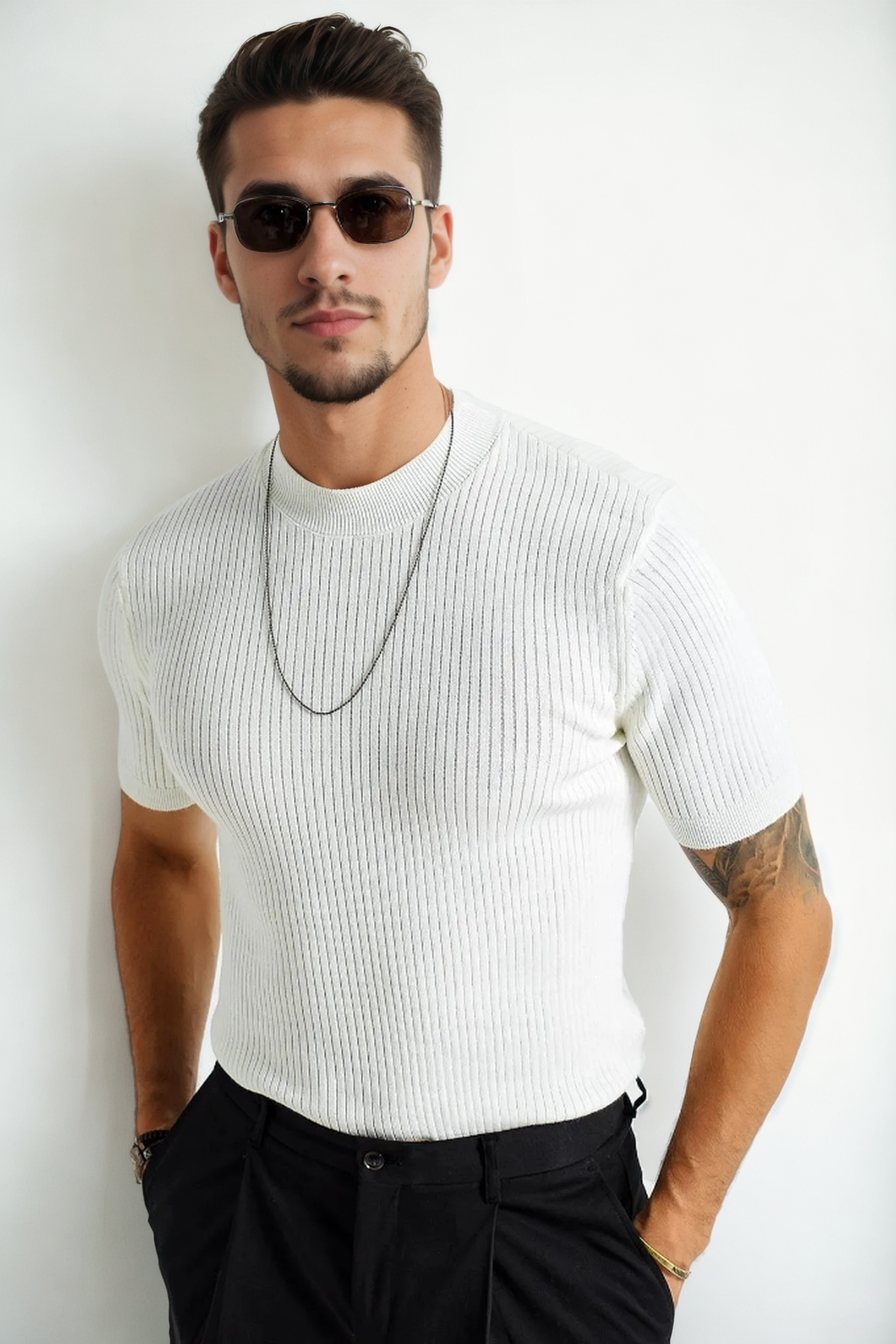 33307 Dewberry Mens Crew Neck Short Sleeve Thin Knit Sweater-BEYAZ