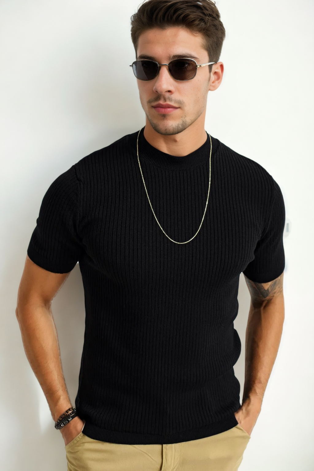 33307 Dewberry Mens Crew Neck Short Sleeve Thin Knit Sweater-SİYAH