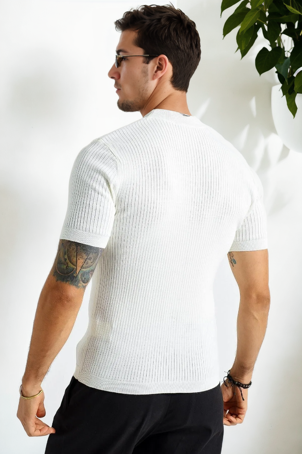 33307 Dewberry Mens Crew Neck Short Sleeve Thin Knit Sweater-BEYAZ