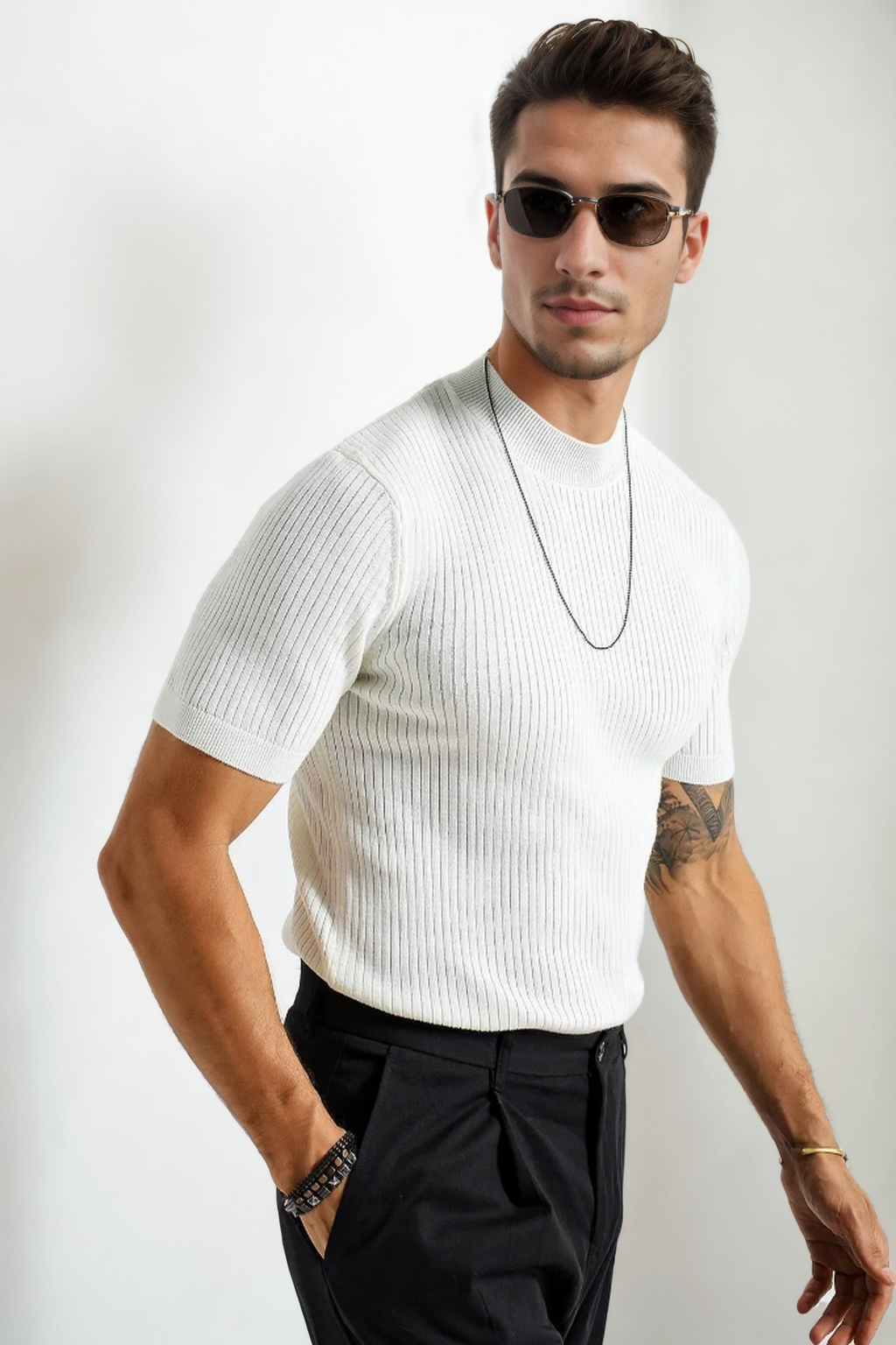 33307 Dewberry Mens Crew Neck Short Sleeve Thin Knit Sweater-BEYAZ