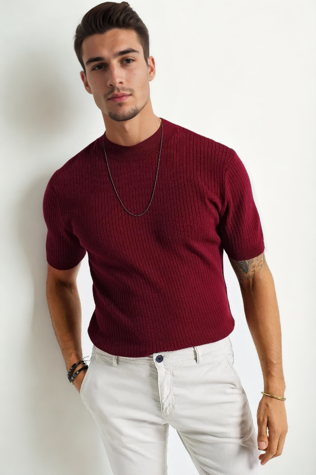 33307 Dewberry Mens Crew Neck Short Sleeve Thin Knit Sweater-BORDO
