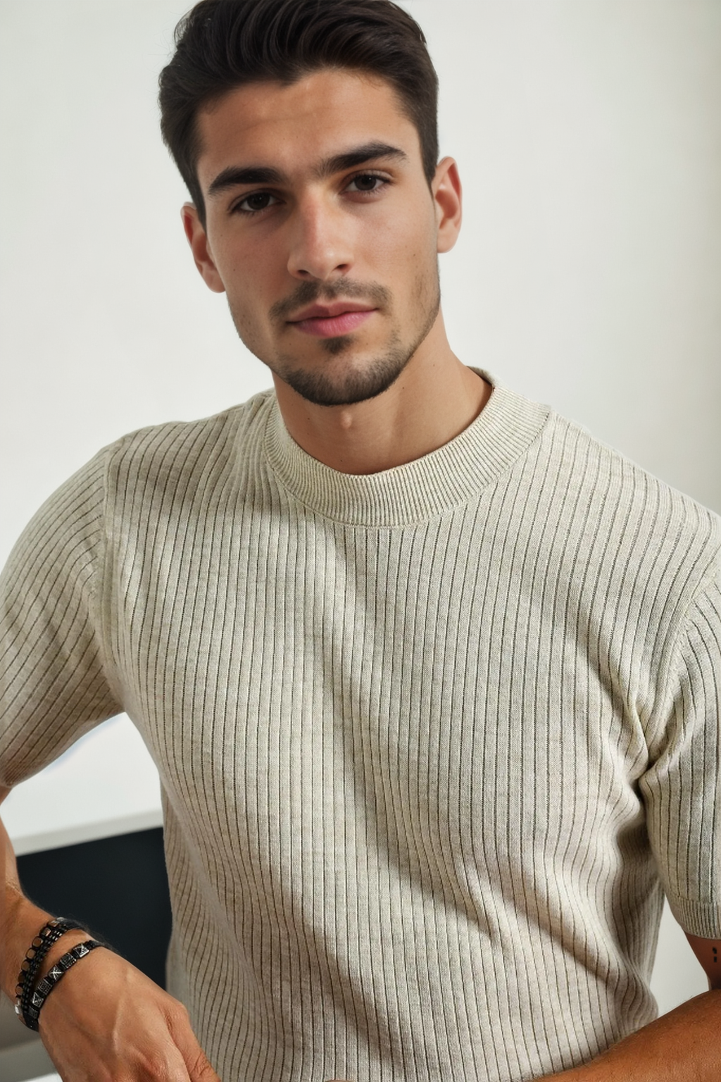 33307 Dewberry Mens Crew Neck Short Sleeve Thin Knit Sweater-BEJ