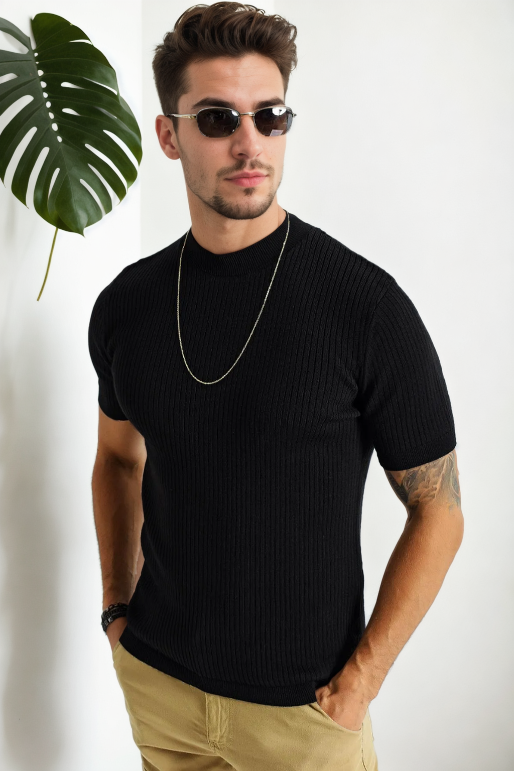 33307 Dewberry Mens Crew Neck Short Sleeve Thin Knit Sweater-SİYAH