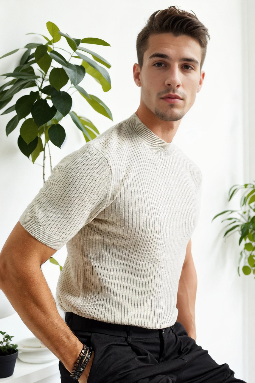 33307 Dewberry Mens Crew Neck Short Sleeve Thin Knit Sweater-BEJ