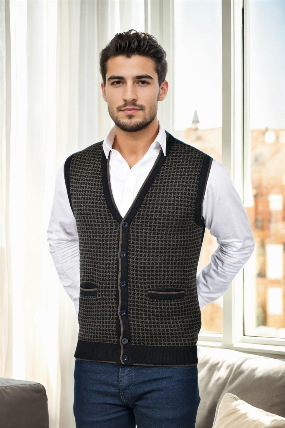 37376 Dewberry Houndstooth Patterned Mens Knit Vest-SİYAH