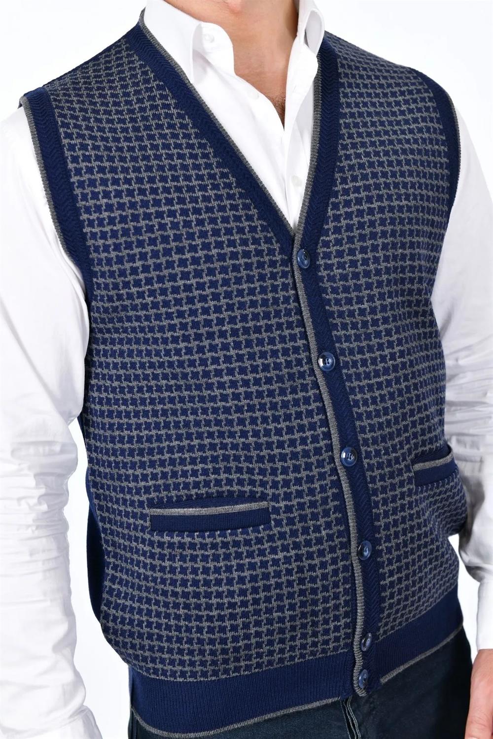 37376 Dewberry Houndstooth Patterned Mens Knit Vest-LACİVERT