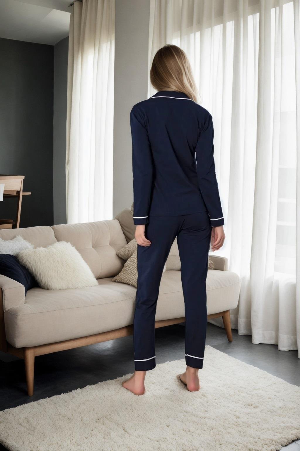 39374 Dewberry Cotton Buttoned Women Pyjama Set-LACİVERT