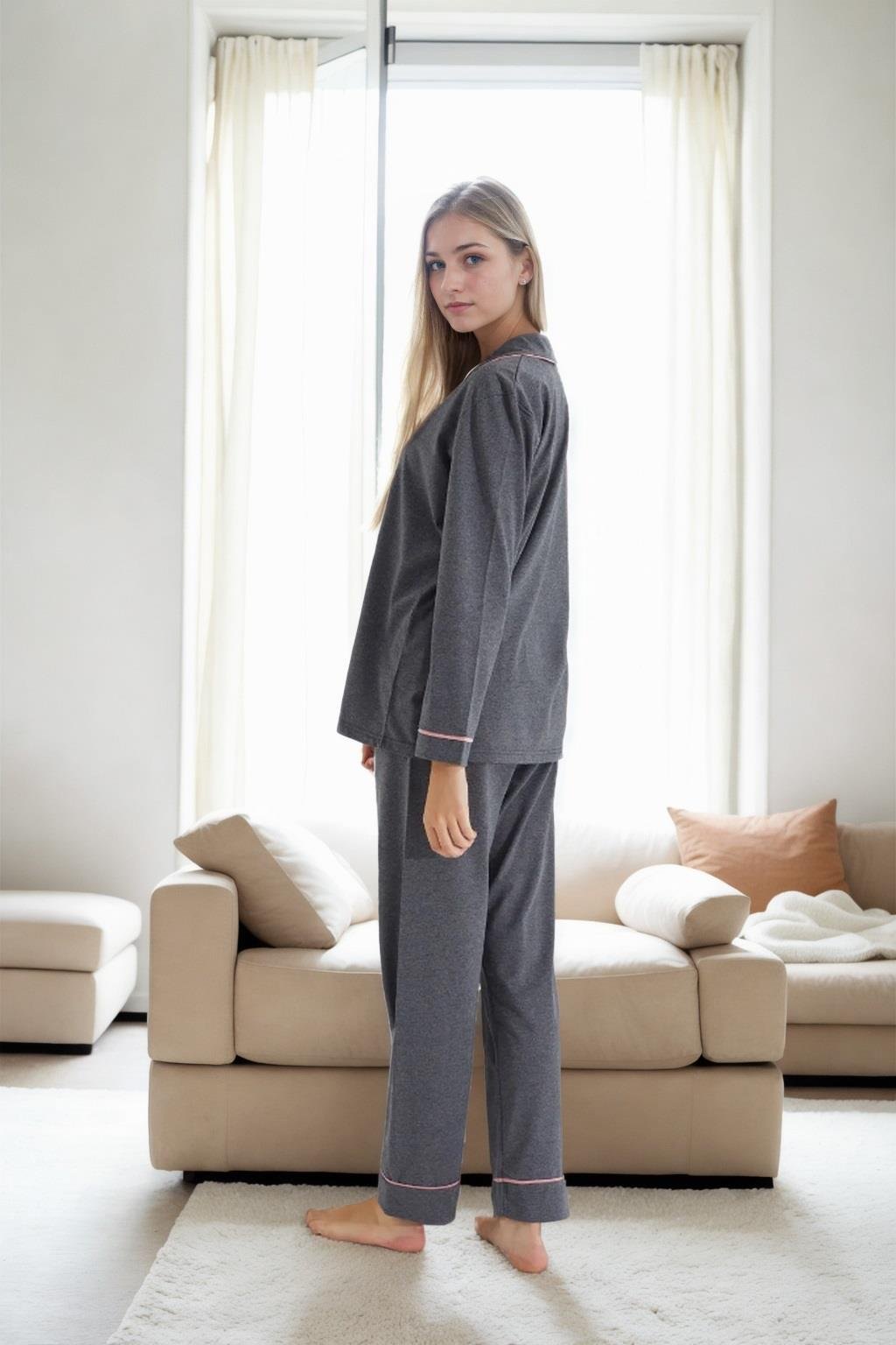 39374 Dewberry Cotton Buttoned Women Pyjama Set-ANTRASİT