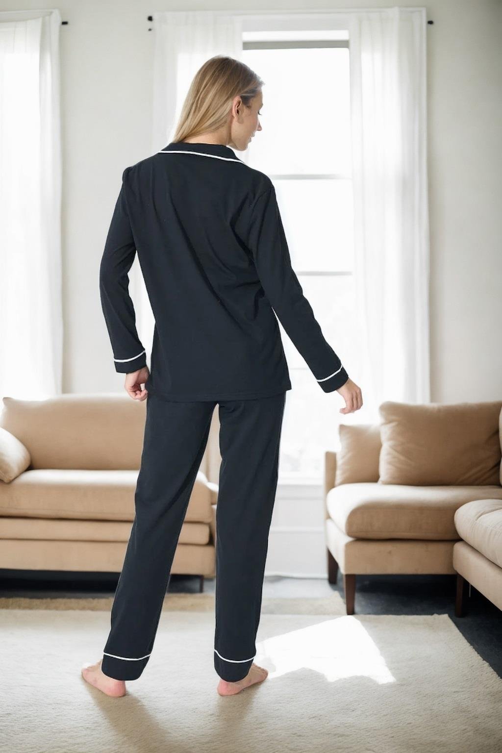39374 Dewberry Cotton Buttoned Women Pyjama Set-SİYAH-BEYAZ