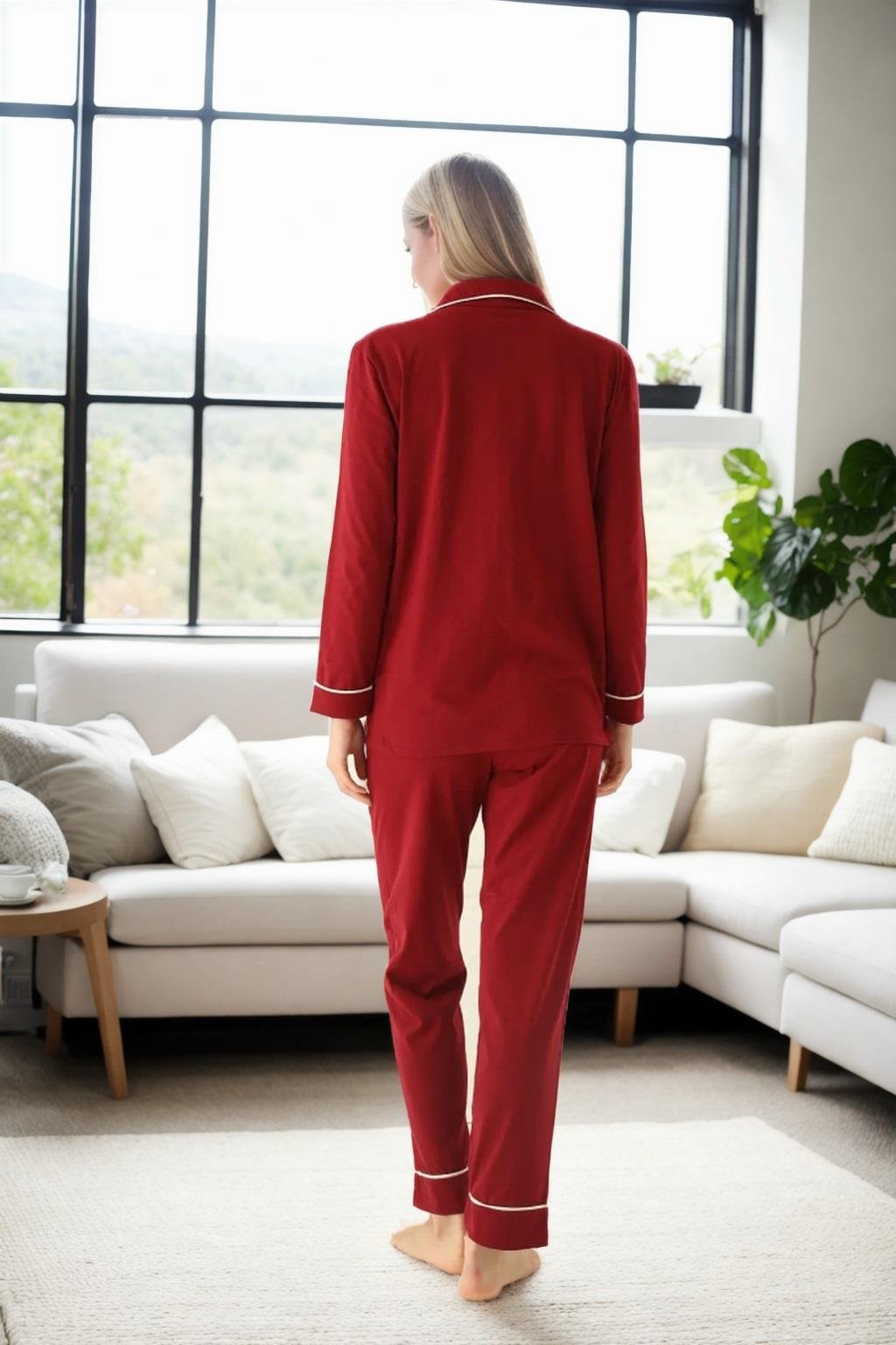 39374 Dewberry Cotton Buttoned Women Pyjama Set-KOYU BORDO
