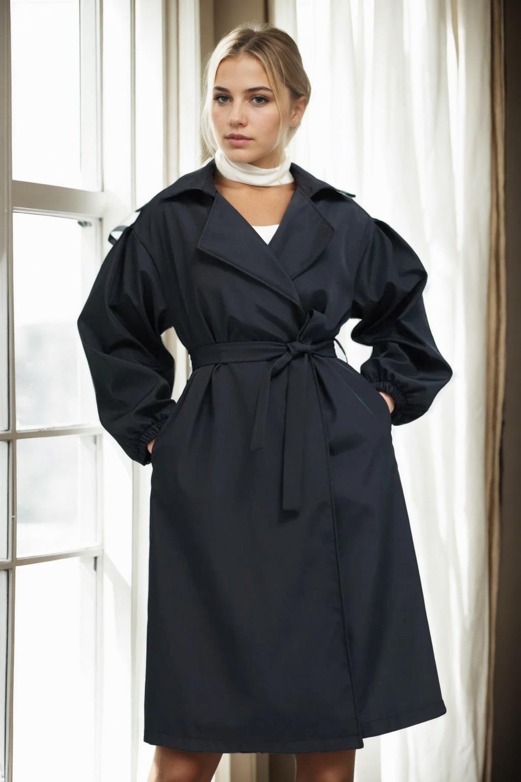 40345 Dewberry Belted Balloon Sleeve Women Trenchcoat-SİYAH