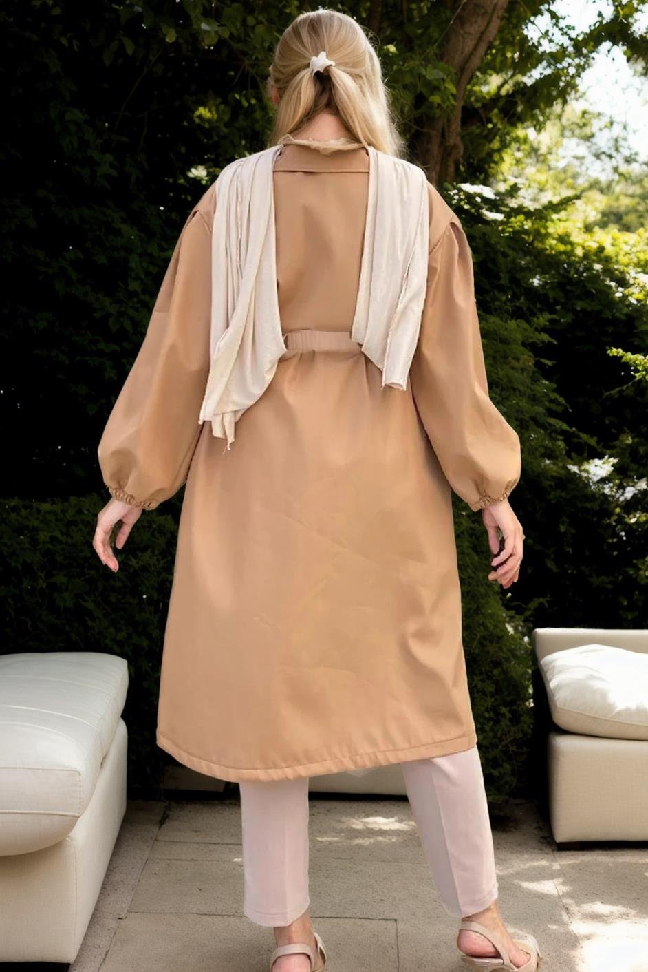 40345 Dewberry Belted Balloon Sleeve Women Trenchcoat-CAMEL