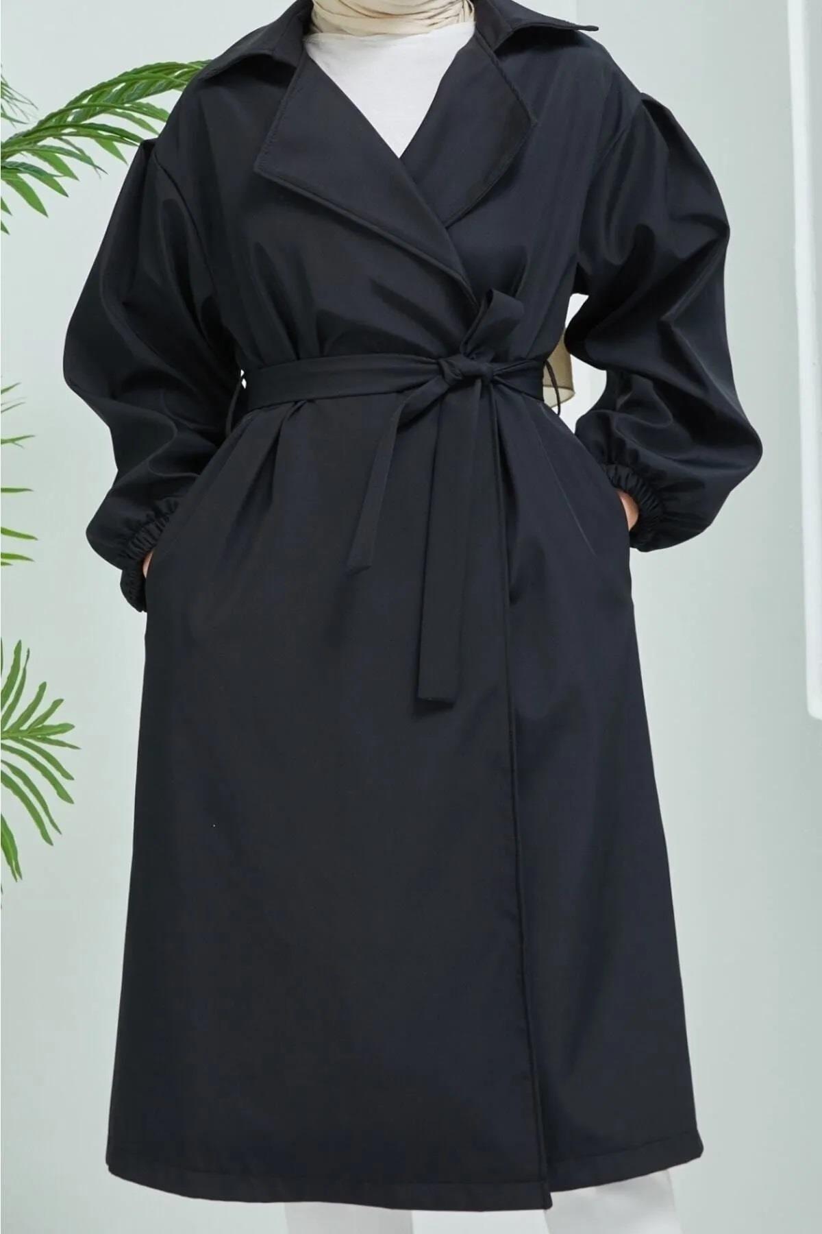 40345 Dewberry Belted Balloon Sleeve Women Trenchcoat-SİYAH