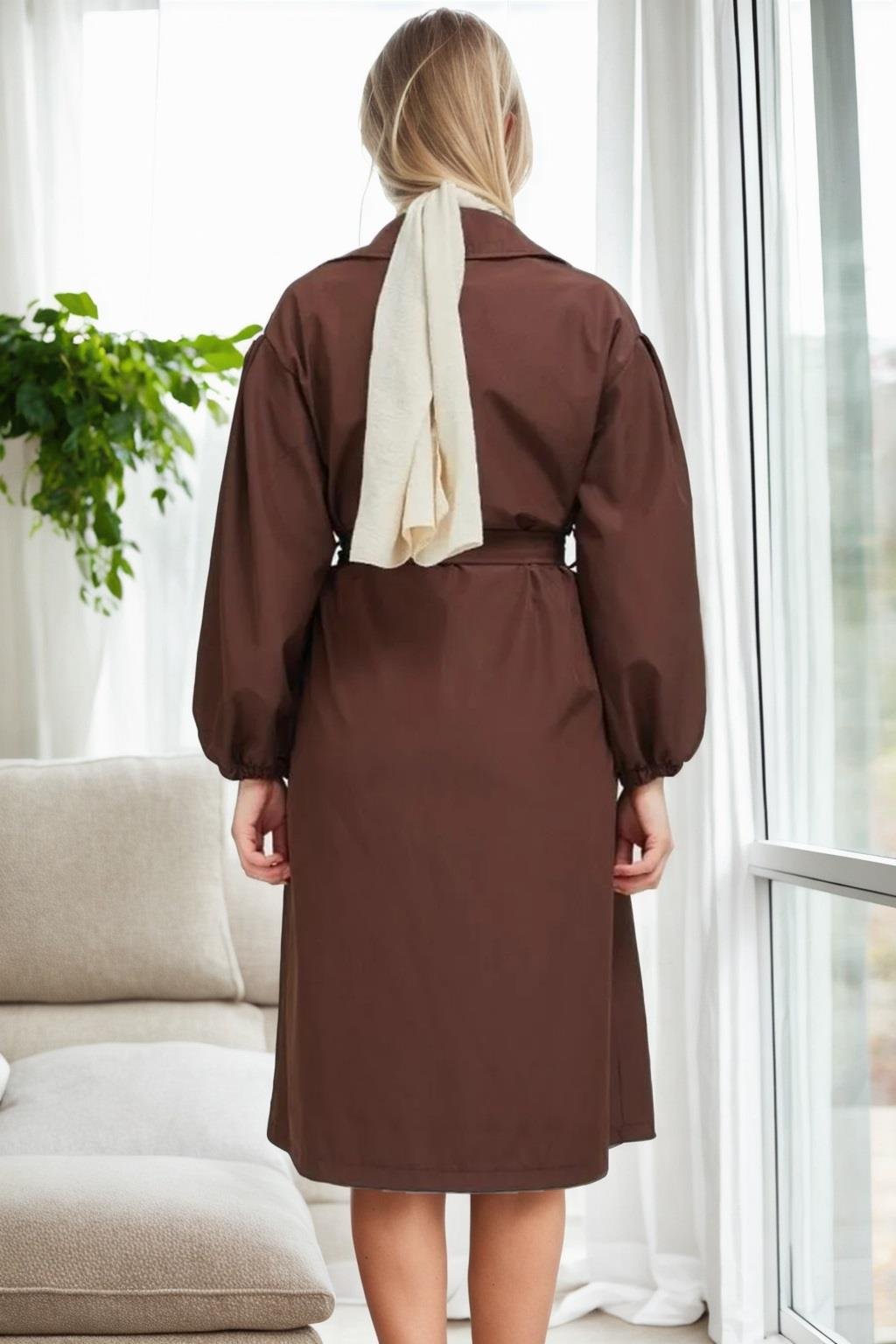 40345 Dewberry Belted Balloon Sleeve Women Trenchcoat-KAHVE